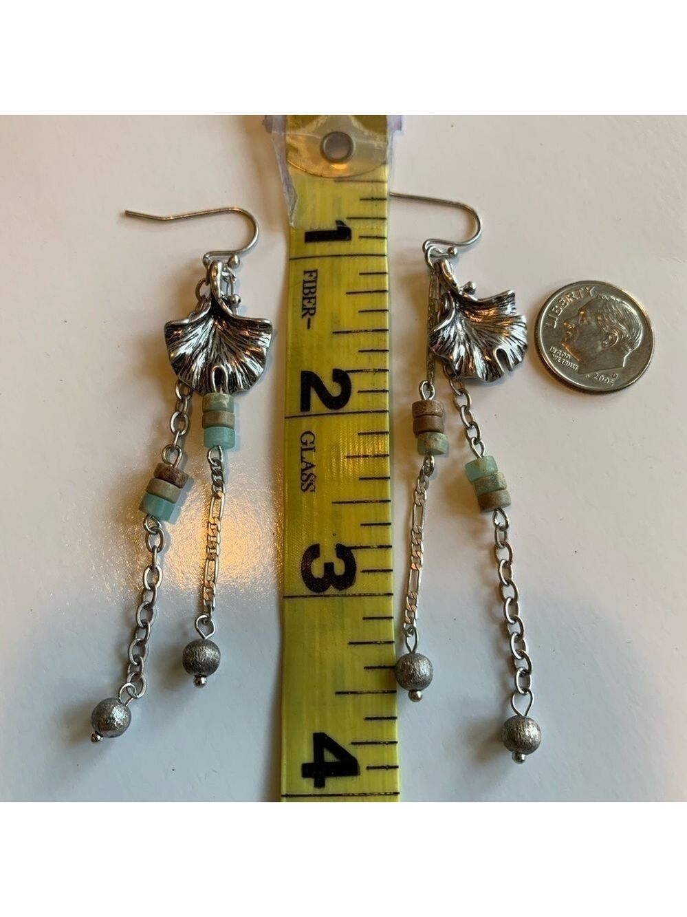 Amazonite Jasper Beaded Dangle Chain Earrings Silver Leaf Artisan - Picture 5 of 5